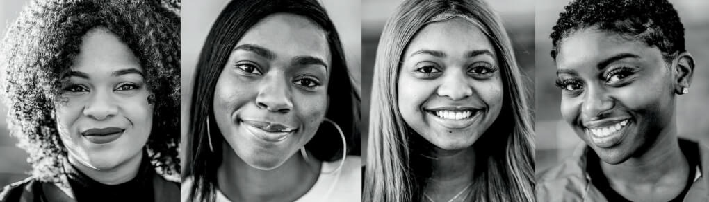 four portraits of students in black and white
